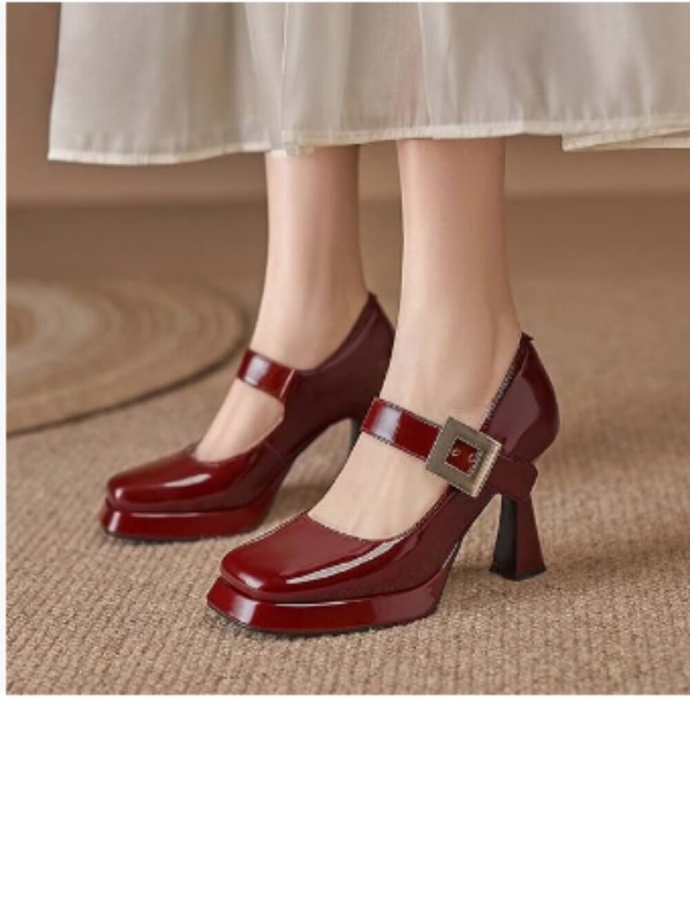 YDN Red Dressy Platform Ankle Strap Pumps Squared Toe Mary Jane Block Heels Shoe